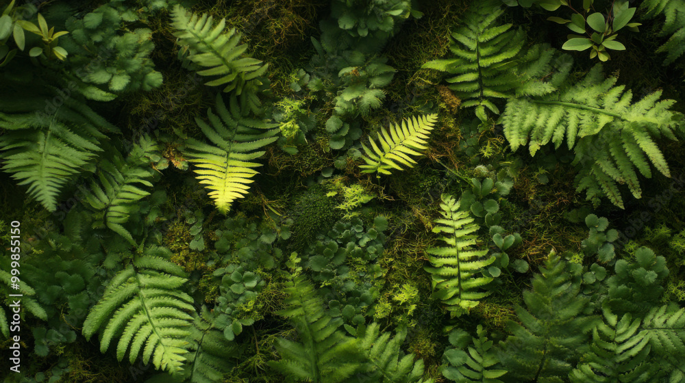 Close-up of intricate fern fronds and soft moss creating a rich tapestry of textures Close-up of intricate fern fronds and soft moss creating a rich tapestry of textures