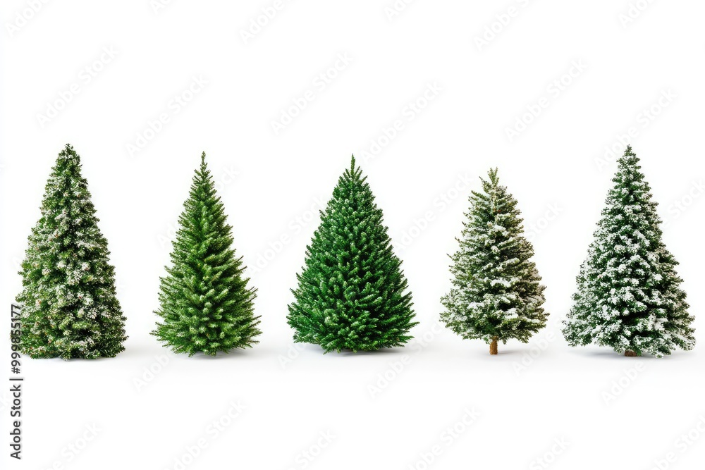 Obraz premium Five Green Christmas Trees with Snow Isolated on White Background