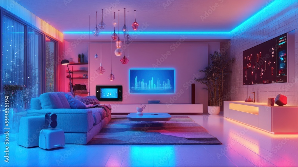 Smart home technology with connected devices, such as thermostats, lights, and speakers, all controlled wirelessly. Smart home technology with connected devices, such as thermostats, lights, and speakers, all controlled wirelessly.