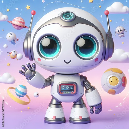 Cute Robot Waving Hand Cartoon, 3d Generative AI
 photo