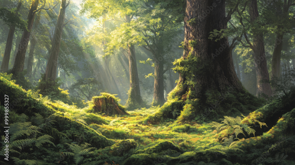 Fototapeta premium A serene forest scene with ferns and moss growing on ancient tree trunks