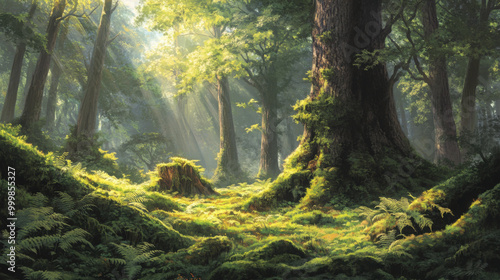 A serene forest scene with ferns and moss growing on ancient tree trunks