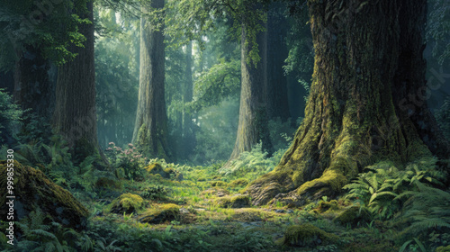 A serene forest scene with ferns and moss growing on ancient tree trunks