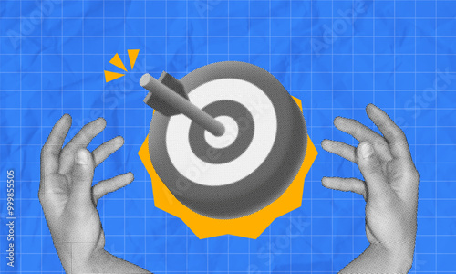 halftone collage Modern Design, gesture hand with target illustration  dart hitting the bullseye, accompanied by hands on a blue grid background. Perfect for marketing, strategy, or goal-oriented