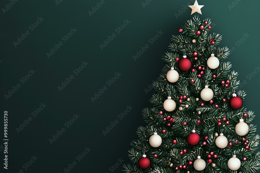 A beautifully decorated Christmas tree with red and white ornaments against a dark green background, capturing the spirit of the holiday season. A beautifully decorated Christmas tree with red and white ornaments against a dark green background, capturing the spirit of the holiday season.