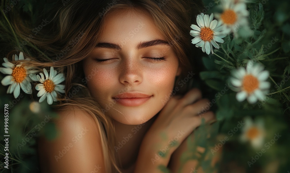 Serene Woman Sleeping Amidst Daisies in Nature