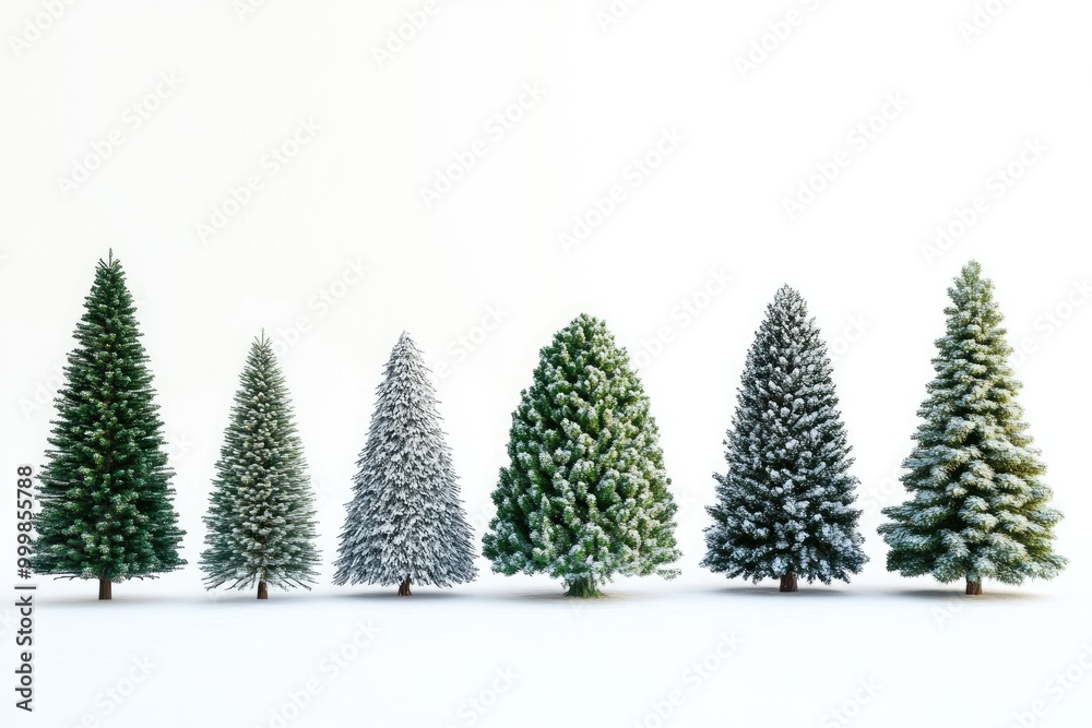 Obraz premium Six Evergreen Trees in a Snowy Landscape