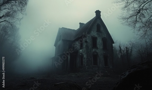 Spooky Abandoned House in Dense Fog