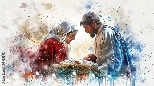 Mary and Joseph looking down adoringly at their newborn son Jesus Christ 