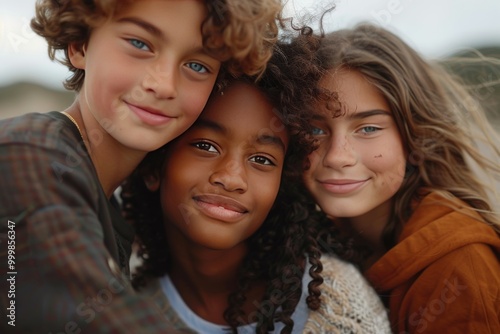 Closeup of three young girls, one black girl with curly hair and brown skin tone photo