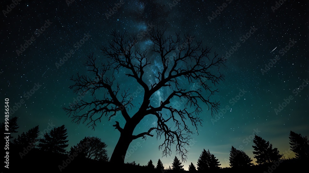 Fototapeta premium Silhouetted tree against a starry night sky.