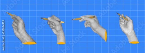 Modern Design halftone collage, a set of hand holding pen illustrations on a blue grid background. Ideal for illustrating artistic processes, creative writing, or design concepts.