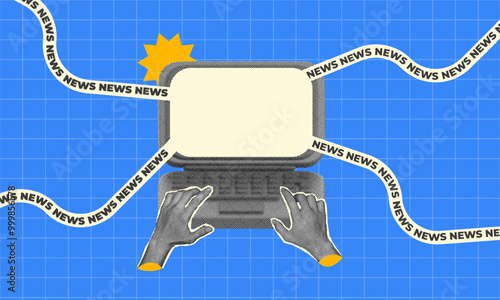 Halftone collage Modern Design, Digital news concept illustration media featuring laptop screen and flowing headlines. Perfect for articles, blogs, or media, trending topics, and information flow