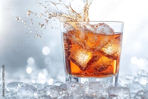 Glass of Sweet Tea Being Poured Over Ice with Splashes as Liquid Hits Ice Cubes