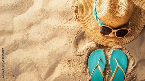 Summer backgrounds beach sandals sunglasses and sunhat shot from above on sand background