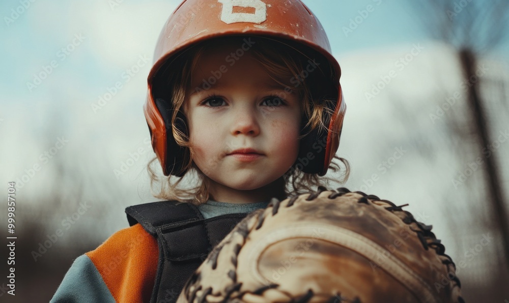 Fototapeta premium Child Baseball Player Wearing Helmet Holding Glove