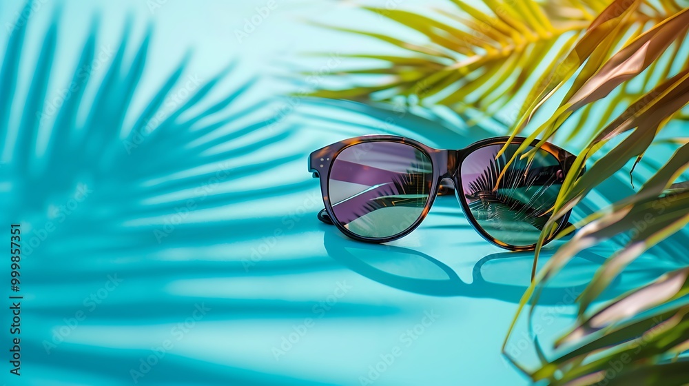 Summer vacation concept sunglasses with ocean beach and palms on blue background Summer vacation concept sunglasses with ocean beach and palms on blue background