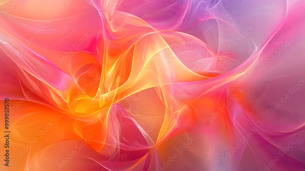 Obraz premium A colorful, abstract painting with a pink and orange background. The painting is full of swirls and patterns, giving it a dynamic and energetic feel. The colors seem to be blending together. Overall