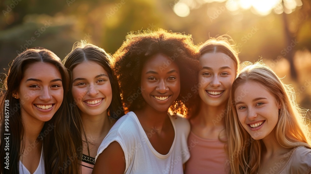 Group of diverse young women, all smiling and standing closely Group of diverse young women, all smiling and standing closely