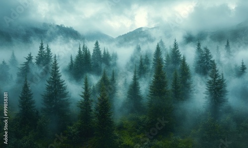 Misty Forest Landscape with Evergreen Trees