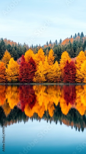 A serene landscape featuring vibrant autumn trees reflecting on a calm lake, set against a clear sky, capturing the essence of fall's beauty and tranquility. photo