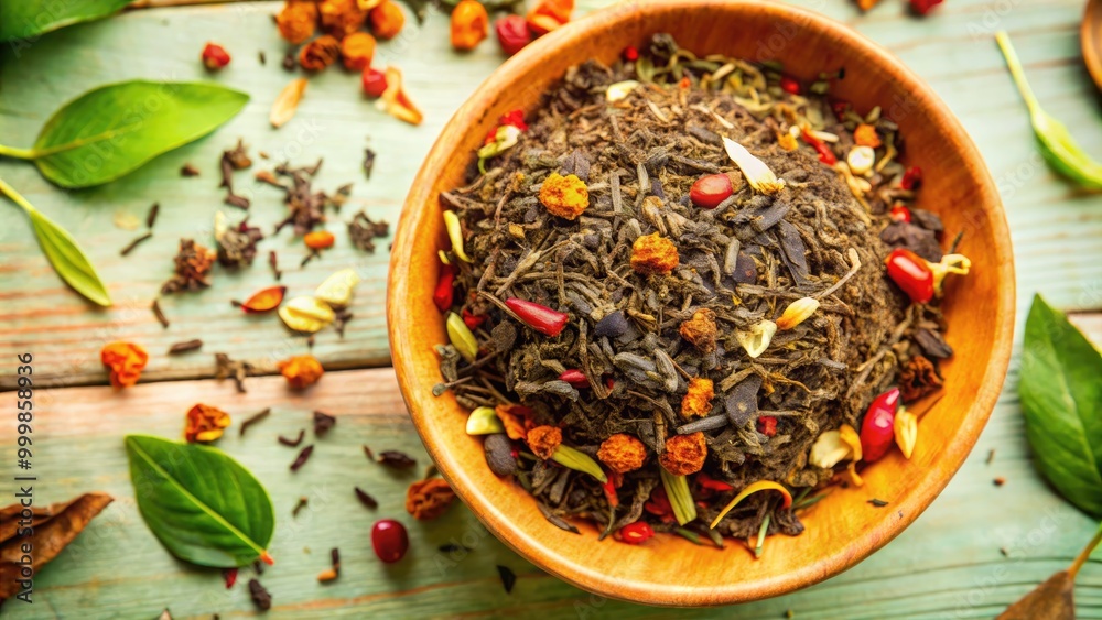 A vibrant bowl of loose leaf tea with colorful spices and herbs. A vibrant bowl of loose leaf tea with colorful spices and herbs.
