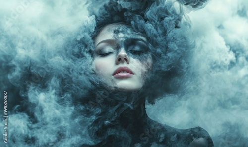 Ethereal Woman Amidst Dark Smoky Clouds