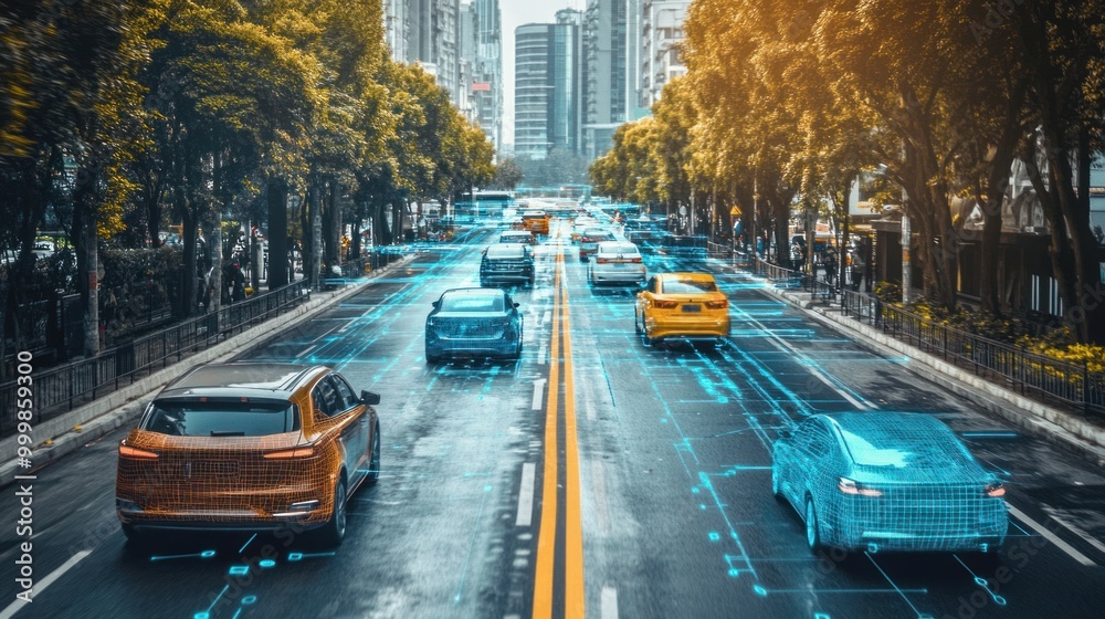 Obraz premium Wireless communication for autonomous vehicles, showing cars communicating with each other and infrastructure for safe navigation.