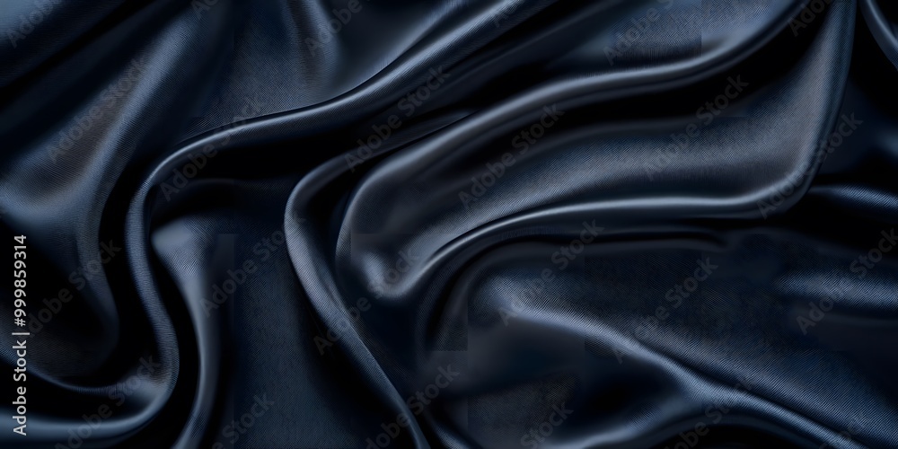 Fototapeta premium Luxurious black silk fabric elegantly drapes in folds, exhibiting a smooth, glossy texture. The close-up studio-lit photograph captures the fabric's deep ebony sheen and sensual elegance.