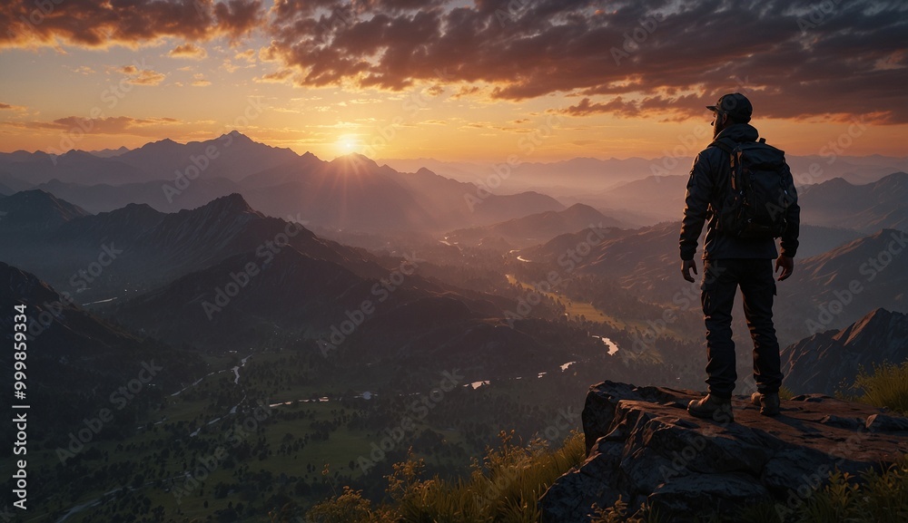 Adventurer stands on mountaintop overlooking valley at beautiful sunset Adventurer stands on mountaintop overlooking valley at beautiful sunset