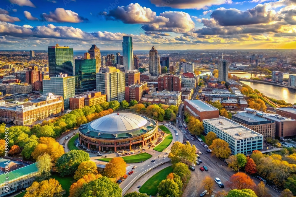 Obraz premium Aerial View of TD Garden in Boston, Massachusetts with Cityscape and Urban Landscape Surrounding It