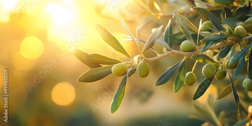 Wallpaper Mural An olive tree branch adorned with ripe olives is illuminated by soft golden sunlight. The macro shot, emphasizing vibrant green leaves, delivers a warm, Mediterranean atmosphere with bokeh effect. Torontodigital.ca