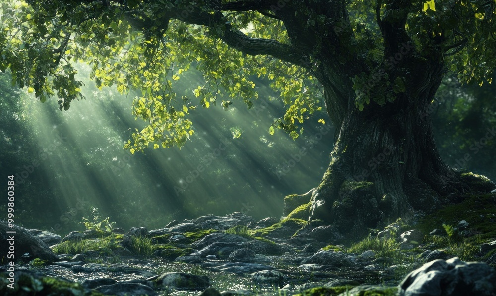 Majestic Oak Tree in Sunlit Forest Majestic Oak Tree in Sunlit Forest