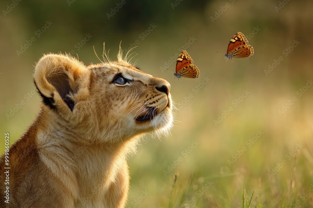 Obraz premium Lion cub surprisingly watching butterfly --ar 3:2 --v 6.1 Job ID: 66054d89-a5b3-4519-b69a-8985167b582a