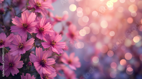 Vibrant pink cosmos flowers with glowing bokeh background