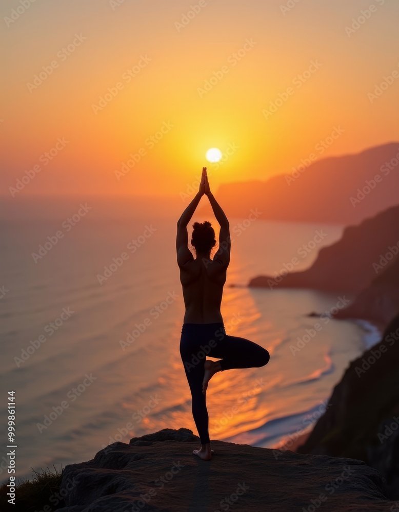 Figure Practicing Yoga on Cliff Overlooking Sunset-Lit Ocean Embodying Personal Growth Through Mindfulness Figure Practicing Yoga on Cliff Overlooking Sunset-Lit Ocean Embodying Personal Growth Through Mindfulness