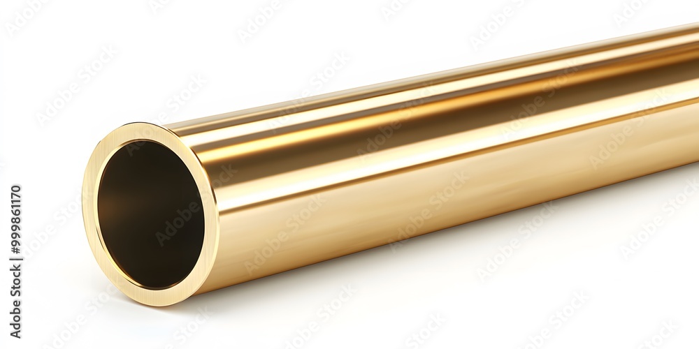 A shiny brass pipe with a warm golden hue is isolated on a white background. The diagonal composition in the product photograph highlights its reflective metallic surface and minimalist design. A shiny brass pipe with a warm golden hue is isolated on a white background. The diagonal composition in the product photograph highlights its reflective metallic surface and minimalist design.