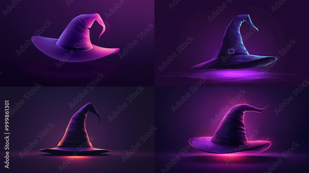 Four different purple witch hats are shown in a dark background Four different purple witch hats are shown in a dark background