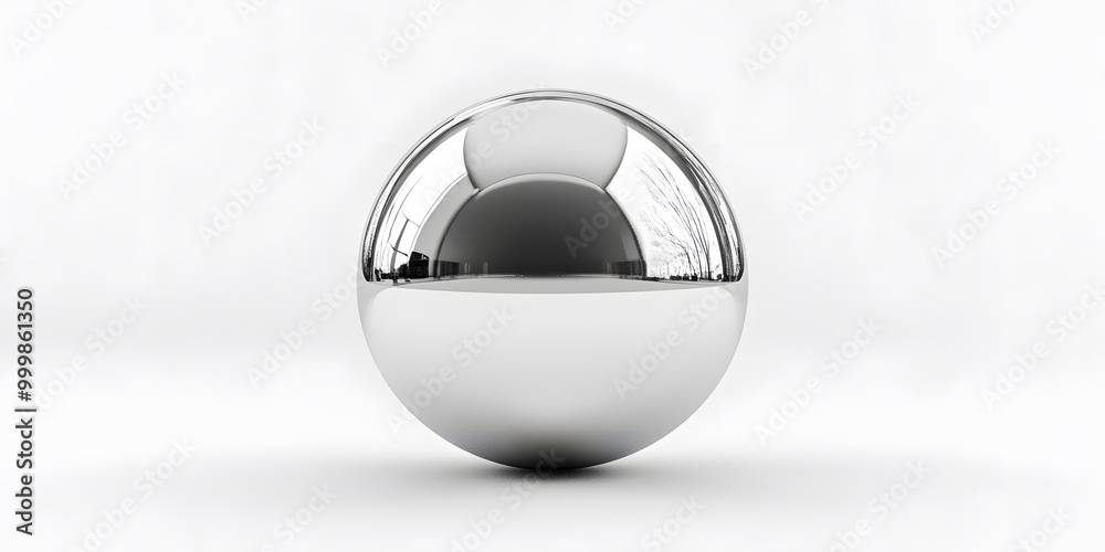 A perfectly round, silver metallic sphere with a mirror-like surface sits isolated on a white background. The studio-lit 3D rendering highlights the sleek geometric shape and smooth texture.