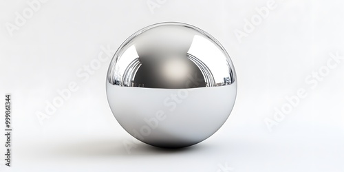 A perfectly round, silver metallic sphere with a mirror-like surface sits isolated on a white background. The studio-lit 3D rendering highlights the sleek geometric shape and smooth texture.