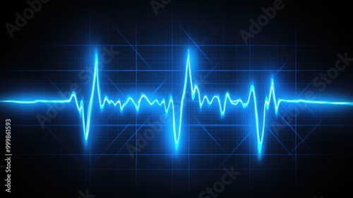 Blue Neon Heartbeat Pulse: Abstract digital illustration of a vibrant blue heartbeat pulse, glowing against a dark background.  Perfect for medical, technology, and music concepts.