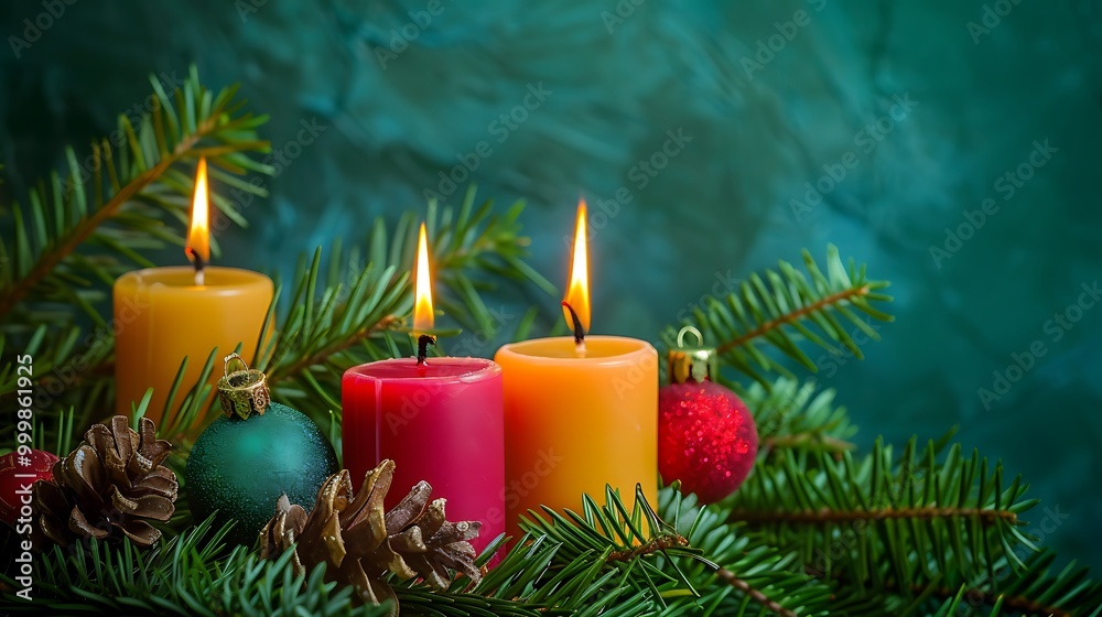 Three of four candles are burning for the third advent on fir branches with christmas decoration against a green background Three of four candles are burning for the third advent on fir branches with christmas decoration against a green background