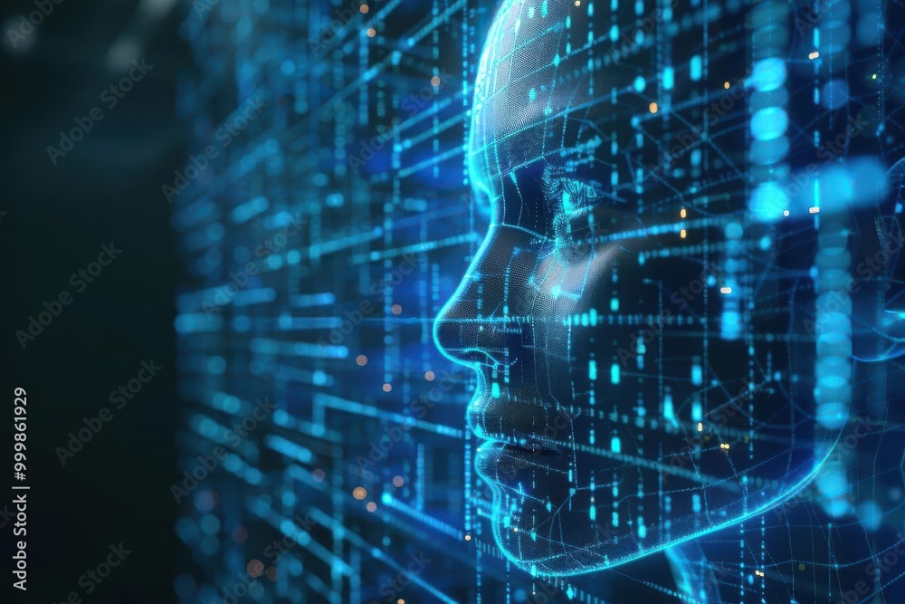 AI face analyzing digital codes, futuristic, security focus, blue cyber grid, minimalist 3D rendering, abstract design AI face analyzing digital codes, futuristic, security focus, blue cyber grid, minimalist 3D rendering, abstract design