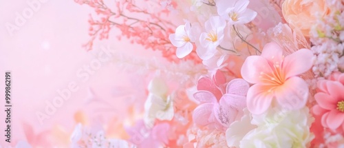 Soft pink and white flowers arranged in a lush bouquet on a pastel pink background, symbolizing romance and beauty.