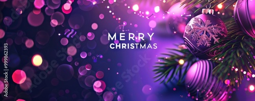 Merry Christmas text on holiday background with gift boxes, purple colored