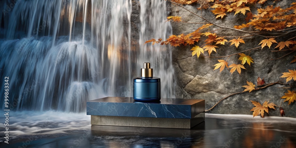 A serene waterfall with a sleek product display among autumn leaves. A serene waterfall with a sleek product display among autumn leaves.