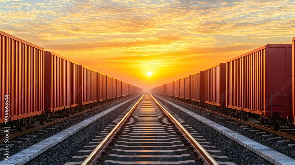 Cargo trains on tracks at sunset with vibrant sky in the background. Cargo trains on tracks at sunset with vibrant sky in the background.