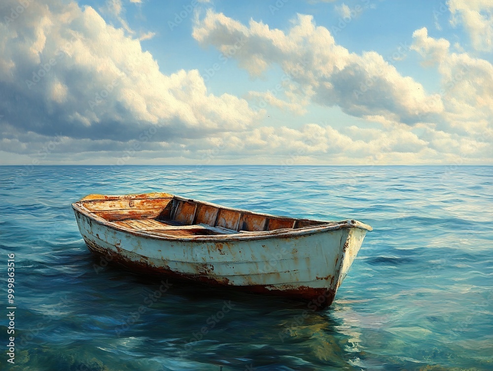 Solitude on the Sea: A Weathered Boat Under a Tranquil Sky Solitude on the Sea: A Weathered Boat Under a Tranquil Sky
