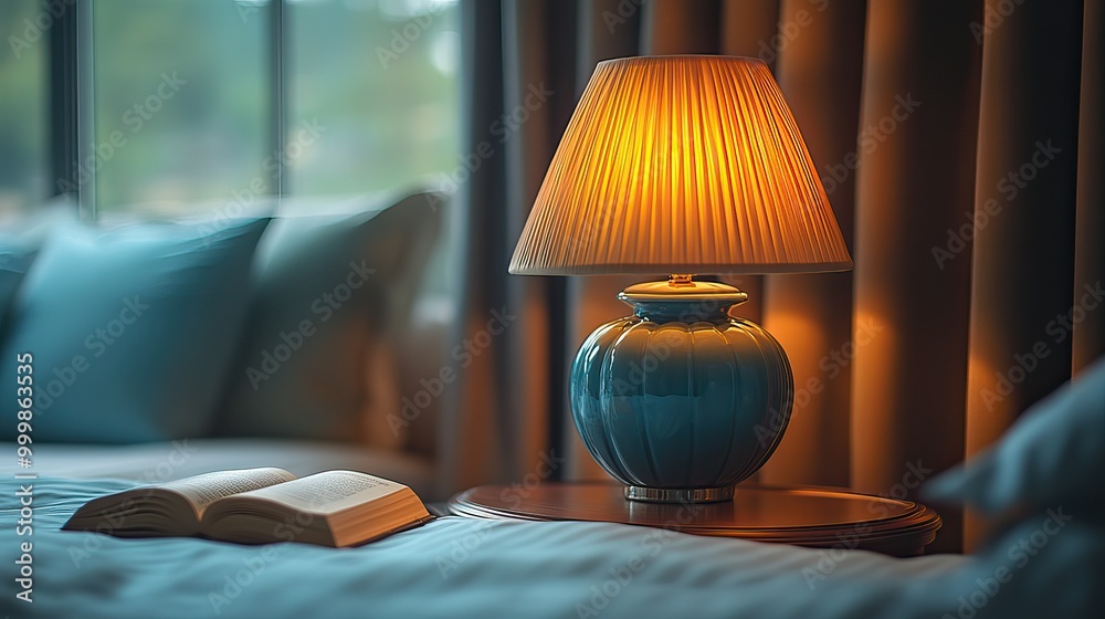 a lamp and a book on a bedside table in a hotel room a lamp and a book on a bedside table in a hotel room