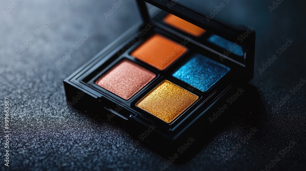 Detailed shot of an eyeshadow quad with bold colors, no logo, focused on the sleek, minimalist design, no people. Detailed shot of an eyeshadow quad with bold colors, no logo, focused on the sleek, minimalist design, no people.